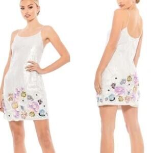 Mac Duggal Embellished Ruffled Floral Sequined Mini Shift Dress White Women's 4